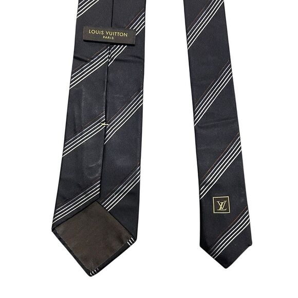 Louis Vuitton Navy Blue Striped Designer Neck Tie 100% Silk Embroidered Logo - Picture 8 of 14